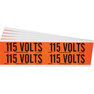 "115 Volts" Conduit & Voltage Labels - Vinyl/Cloth, 1-1/8", 4-1/8", Adhesive, English, Electrical, Repositionable Rubber, Semi-Gloss, Black on Orange, Rectangle