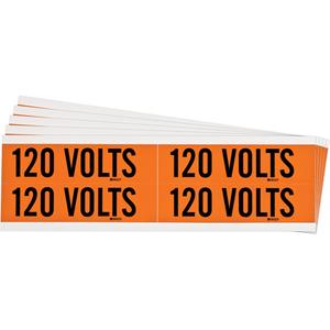 "120 Volts" Conduit & Voltage Labels - Vinyl/Cloth, 1-1/8", 4-1/8", Adhesive, English, Electrical, Repositionable Rubber, Semi-Gloss, Black on Orange, Rectangle
