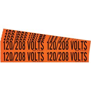 "120/208 Volts" Conduit & Voltage Labels - Vinyl/Cloth, 1-1/8", 4-1/8", Adhesive, English, Electrical, Repositionable Rubber, Semi-Gloss, Black on Orange, Rectangle