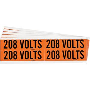 "208 Volts" Conduit & Voltage Labels - Vinyl/Cloth, 1-1/8", 4-1/8", Adhesive, English, Electrical, Repositionable Rubber, Semi-Gloss, Black on Orange, Rectangle