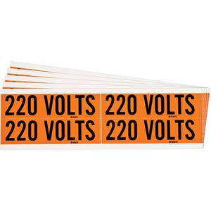 "220 Volts" Conduit & Voltage Labels - Vinyl/Cloth, 1-1/8", 4-1/8", Adhesive, English, Electrical, Repositionable Rubber, Semi-Gloss, Black on Orange, Rectangle