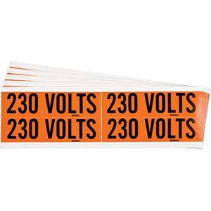 "230 Volts" Conduit & Voltage Labels - Vinyl/Cloth, 1-1/8", 4-1/8", Adhesive, English, Electrical, Repositionable Rubber, Semi-Gloss, Black on Orange, Rectangle