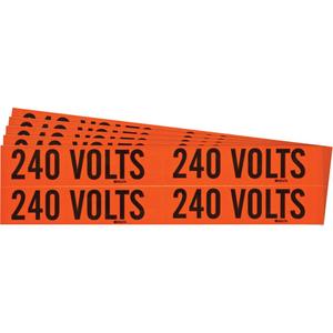 "240 Volts" Conduit & Voltage Labels - Vinyl/Cloth, 1-1/8", 4-1/8", Adhesive, English, Electrical, Repositionable Rubber, Semi-Gloss, Black on Orange, Rectangle