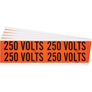 "250 Volts" Conduit & Voltage Labels - Vinyl/Cloth, 1-1/8", 4-1/8", Adhesive, English, Electrical, Repositionable Rubber, Semi-Gloss, Black on Orange, Rectangle