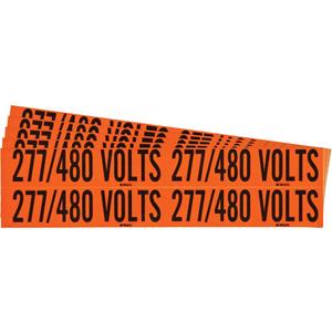 "277/480 Volts" Conduit & Voltage Labels - Vinyl/Cloth, 1-1/8", 4-1/8", Adhesive, English, Electrical, Repositionable Rubber, Semi-Gloss, Black on Orange, Rectangle