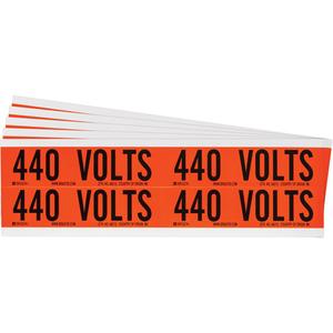 "440 Volts" Conduit & Voltage Labels - Vinyl/Cloth, 1-1/8", 4-1/8", Adhesive, English, Electrical, Repositionable Rubber, Semi-Gloss, Black on Orange, Rectangle