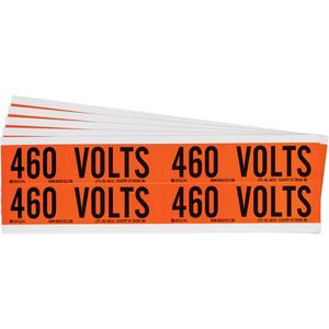 "460 Volts" Conduit & Voltage Labels - Vinyl/Cloth, 1-1/8", 4-1/8", Adhesive, English, Electrical, Repositionable Rubber, Semi-Gloss, Black on Orange, Rectangle