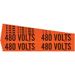 "480 Volts" Conduit & Voltage Labels - Vinyl/Cloth, 1-1/8", 4-1/8", Adhesive, English, Electrical, Repositionable Rubber, Semi-Gloss, Black on Orange, Rectangle