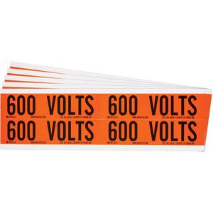 "600 Volts" Conduit & Voltage Labels - Vinyl/Cloth, 1-1/8", 4-1/8", Adhesive, English, Electrical, Repositionable Rubber, Semi-Gloss, Black on Orange, Rectangle