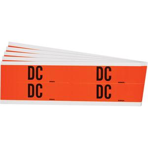 "DC" Conduit & Voltage Labels - Vinyl/Cloth, 1-1/8", 4-1/8", Adhesive, English, Electrical, Repositionable Rubber, Semi-Gloss, Black on Orange, Rectangle