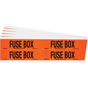 "Fuse Box" Conduit & Voltage Labels - Vinyl/Cloth, 1-1/8", 4-1/8", Adhesive, English, Electrical, Repositionable Rubber, Semi-Gloss, Black on Orange, Rectangle