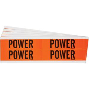 "Power" Conduit & Voltage Labels - Vinyl/Cloth, 1-1/8", 4-1/8", Adhesive, English, Electrical, Repositionable Rubber, Semi-Gloss, Black on Orange, Rectangle
