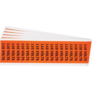 "110 Volts" Conduit & Voltage Labels - Vinyl/Cloth, 1/2", 2-1/4", Adhesive, English, Electrical, Repositionable Rubber, Semi-Gloss, Black on Orange, Rectangle