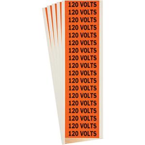 "120 Volts" Conduit & Voltage Labels - Vinyl/Cloth, 1/2", 2-1/4", Adhesive, English, Electrical, Repositionable Rubber, Semi-Gloss, Black on Orange, Rectangle