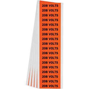 "208 Volts" Conduit & Voltage Labels - Vinyl/Cloth, 1/2", 2-1/4", Adhesive, English, Electrical, Repositionable Rubber, Semi-Gloss, Black on Orange, Rectangle