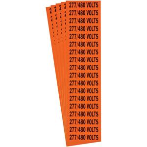 "277/480 Volts" Conduit & Voltage Labels - Vinyl/Cloth, 1/2", 2-1/4", Adhesive, English, Electrical, Repositionable Rubber, Semi-Gloss, Black on Orange, Rectangle