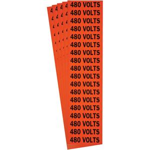 "480 Volts" Conduit & Voltage Labels - Vinyl/Cloth, 1/2", 2-1/4", Adhesive, English, Electrical, Repositionable Rubber, Semi-Gloss, Black on Orange, Rectangle