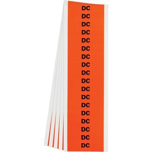 "DC" Conduit & Voltage Labels - Vinyl/Cloth, 1/2", 2-1/4", Adhesive, English, Electrical, Repositionable Rubber, Semi-Gloss, Black on Orange, Rectangle