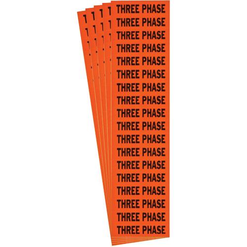 "Three Phase" Conduit & Voltage Labels - Vinyl/Cloth, 1/2", 2-1/4", Adhesive, English, Electrical, Repositionable Rubber, Semi-Gloss, Black on Orange, Rectangle