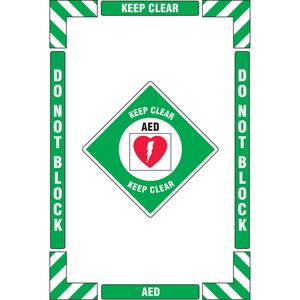 "AED Keep Clear" Floor Marking Kit - Flat, English with Pictogram, Vinyl, Adhesive, 16" X 24", "AED Keep Clear Do Not Block"