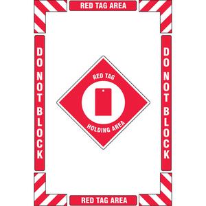 "Red Tag Holding Area" Floor Marking Kit - Flat, English with Pictogram, Vinyl, Adhesive, 16" X 24", "Red Tag Holding Area Keep Clear Do Not Block"