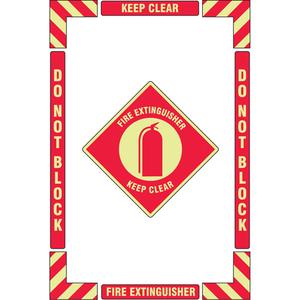 "Fire Extinguisher" Floor Marking Kit - Flat, English with Pictogram, Vinyl, Adhesive, 16" X 24", "Fire Extinguisher Keep Clear Do Not Block", Glow-in-Dark