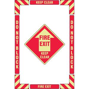 "Fire Exit" Floor Marking Kit - Flat, English with Pictogram, Vinyl, Adhesive, 16" X 24", "Fire Exit Keep Clear Do Not Block", Glow-in-Dark