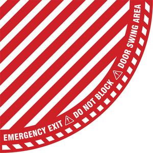 "Emergency Exit" Quarter Circle Swing Door Floor Sign - Flat, English with Pictogram, Vinyl, Adhesive, 28" x 28", "Emergency Exit Do Not Block Door Swing Area"