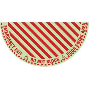 "Emergency Exit" Half Circle Swing Door Floor Sign - Flat, English with Pictogram, Vinyl, Adhesive, 28" x 56", "Emergency Exit Do Not Block Door Swing Area", Glow-in-Dark