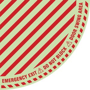 "Emergency Exit" Quarter Circle Swing Door Floor Sign - Flat, English with Pictogram, Vinyl, Adhesive, 28" x 28", "Emergency Exit Do Not Block Door Swing Area", Glow-in-Dark