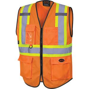 6958 Zipper Front Safety Vest - High Visibility Orange, Yellow & Silver, 2X-Large, X-Small, 4X-Large, 5X-Large, Polyester, Meets/Exceeds CSA Z96 Class 2 - Level 2, 9
