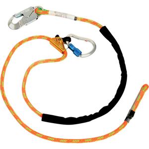 Adjustable Rope Lanyard - 6', F, Locking Snap Hook, Carabiner, Polyester, 1, 7/16" Kernmantle, White Core, 3600 lbs.