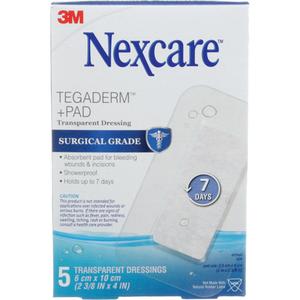 Nexcare™ Tegaderm™ + Pad Transparent Dressing - Rectangular/Square, 4", 2-3/8", Plastic, Sterile, Class 2, Clear/White