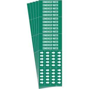 "Condenser Water" Pipe Markers - Vinyl, White on Green, 0" - 3/4", 2-1/4", 2-3/4", 1/2", English, Self-Adhesive, 3