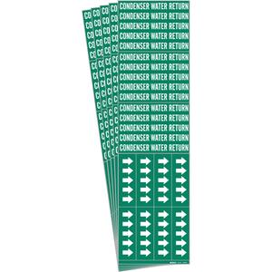 "Condenser Water Return" Pipe Markers - Vinyl, White on Green, 0" - 3/4", 2-1/4", 2-3/4", 1/2", English, Self-Adhesive, 3