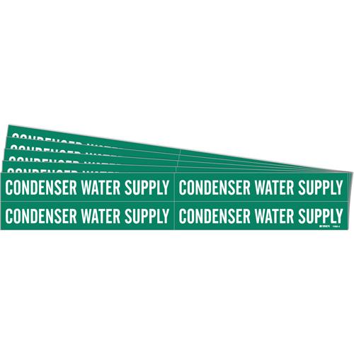 "Condenser Water Supply" Pipe Markers - Vinyl, White on Green, 3/4" - 2-3/8", 1-1/8", 7", 3/4", English, Self-Adhesive, 4