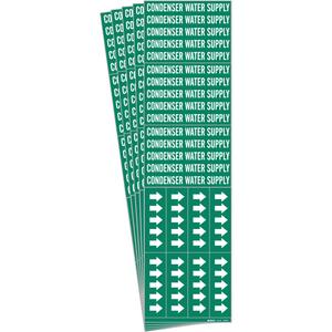 "Condenser Water Supply" Pipe Markers - Vinyl, White on Green, 0" - 3/4", 2-1/4", 2-3/4", 1/2", English, Self-Adhesive, 3