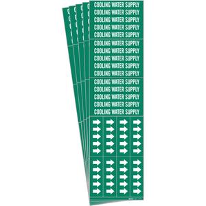 "Cooling Water Supply" Pipe Markers - Vinyl, White on Green, 0" - 3/4", 2-1/4", 2-3/4", 1/2", English, Self-Adhesive, 3