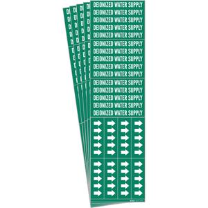 "Deionized Water Supply" Pipe Markers - Vinyl, White on Green, 0" - 3/4", 2-1/4", 2-3/4", 1/2", English, Self-Adhesive, 3
