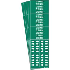 "Discharge" Pipe Markers - Vinyl, White on Green, 0" - 3/4", 2-1/4", 2-3/4", 1/2", English, Self-Adhesive, 3
