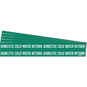 "Domestic Cold Water Return" Pipe Markers - Vinyl, White on Green, 3/4" - 2-3/8", 1-1/8", 7", 3/4", English, Self-Adhesive, 4