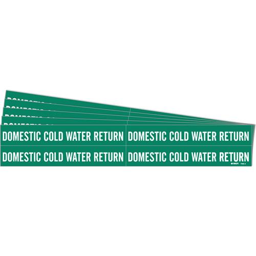 "Domestic Cold Water Return" Pipe Markers - Vinyl, White on Green, 3/4" - 2-3/8", 1-1/8", 7", 3/4", English, Self-Adhesive, 4