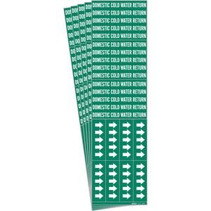 "Domestic Cold Water Return" Pipe Markers - Vinyl, White on Green, 0" - 3/4", 2-1/4", 2-3/4", 1/2", English, Self-Adhesive, 3