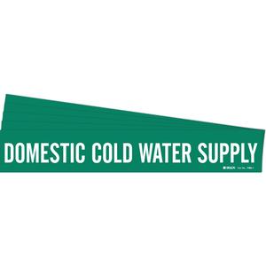 "Domestic Cold Water Supply" Pipe Marker - Vinyl, White on Green, 2-1/2" - 7-7/8", 2-1/4", 14", 2", English, Self-Adhesive