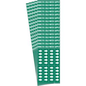 "Domestic Cold Water Supply" Pipe Markers - Vinyl, White on Green, 0" - 3/4", 2-1/4", 2-3/4", 1/2", English, Self-Adhesive, 3