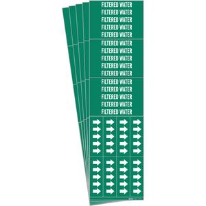 "Filtered Water" Pipe Markers - Vinyl, White on Green, 0" - 3/4", 2-1/4", 2-3/4", 1/2", English, Self-Adhesive, 3