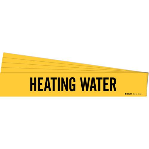 "Heating Water" Pipe Marker - Vinyl, Black on Yellow, 2-1/2" - 7-7/8", 2-1/4", 14", 2", English, Self-Adhesive