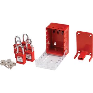 Ultra Compact Group Lockout Box with Nylon Safety Lockout Padlocks - 7, Red