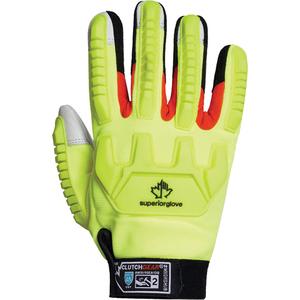 Clutch Gear® High-Visibility Cut-Resistant Gloves - 2X-Large/11, X-Small/6, Small/7, Medium/8, Large/9, X-Large/10, 3X-Large/12, Non-Knit, Kevlar®/Goatskin, Not Coated, Not Coated, ASTM ANSI Level A5, ANSI/ISEA 105 Level 4