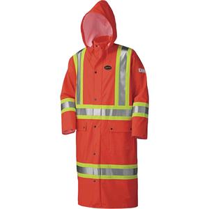 5896 Flame Resistant Waterproof Long Coat - Small, Medium, Large, X-Large, 2X-Large, 3X-Large, 4X-Large, 5X-Large, High Visibility Orange, Silver & Yellow, CGSB 155.20-2000 Type 3, ASTM D6413, ANSI/ISEA 107-2020 Class 3 Type P and R